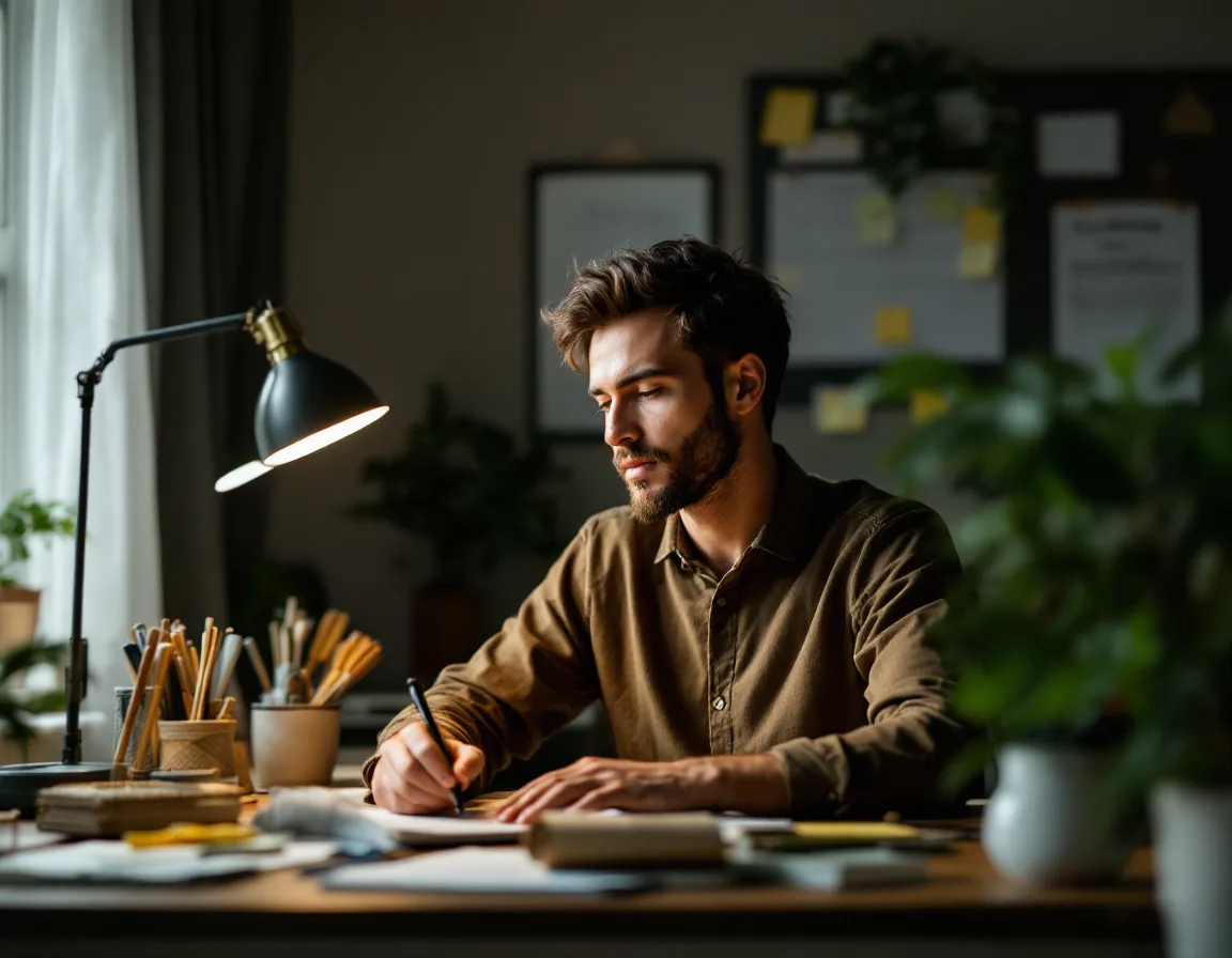 A marketer reviewing a printed content calendar in a warm Oklahoma City studio